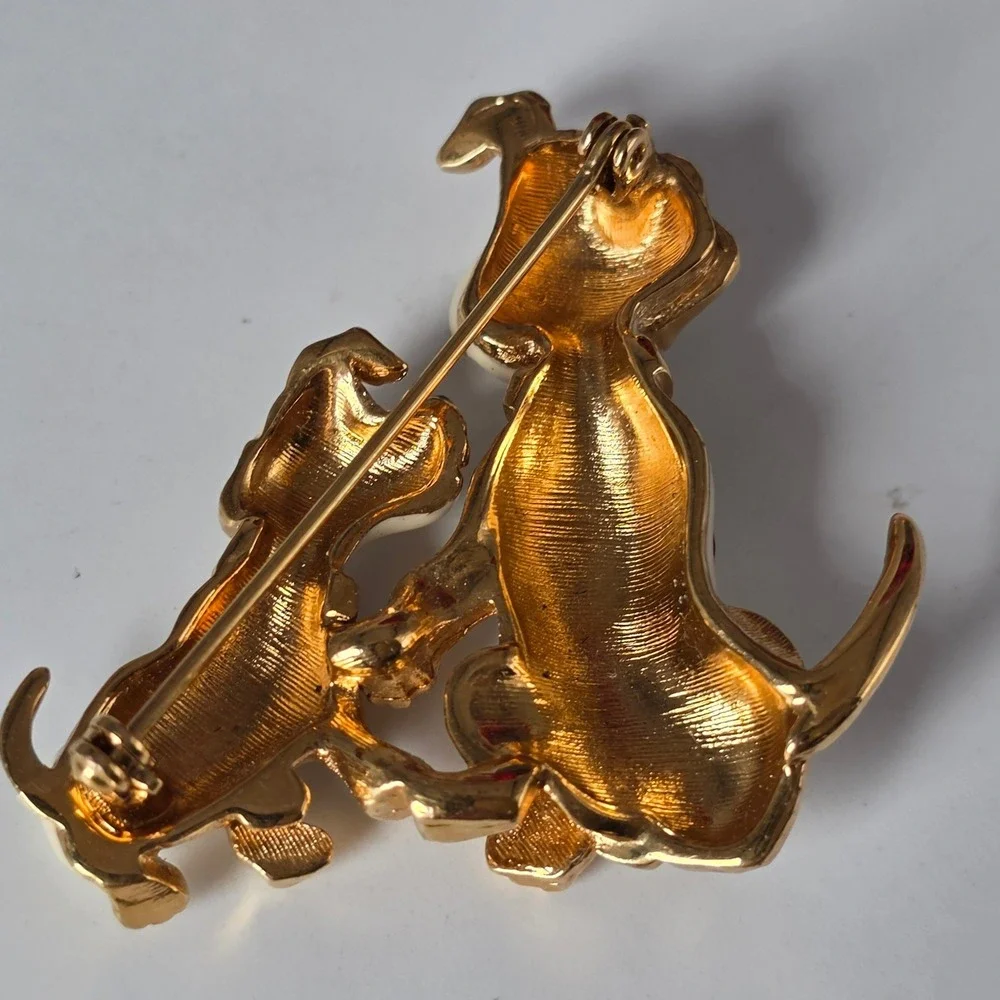 Vintage Dalmatian Dog and Puppy Enamel Brooch Gold Tone Animal Pin White Black